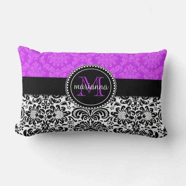 Coussin Rectangle Damassé noire pourpre élégante personnalisée (Recto)