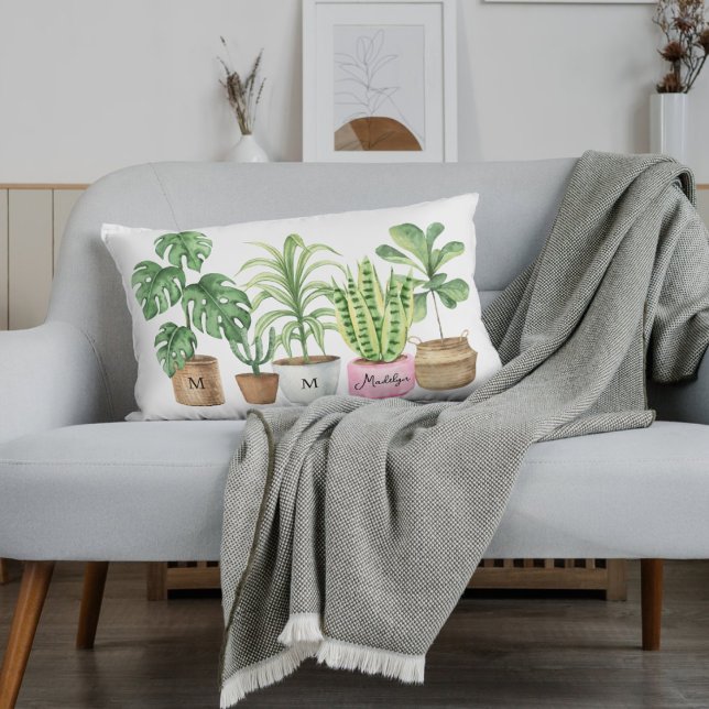 Coussin Rectangle Dame Plante folle | Aquarelle Plante pointillée (Créateur téléchargé)