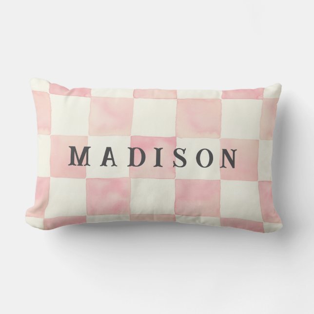 Coussin Rectangle Damier aquarelle rose personnalisé (Recto)