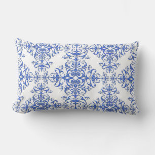 Coussin Rectangle Damier floral élégant bleu cobalt et blanc
