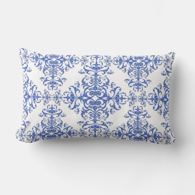 Coussin Rectangle Damier floral élégant bleu cobalt et blanc (Recto)