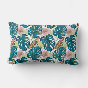 Coussin Rectangle Dark turquoise monstera, delicate peach and yellow