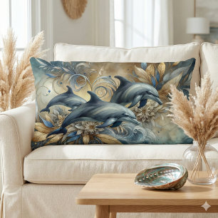 Coussin Rectangle Dauphins élégants aux vagues florales dorées