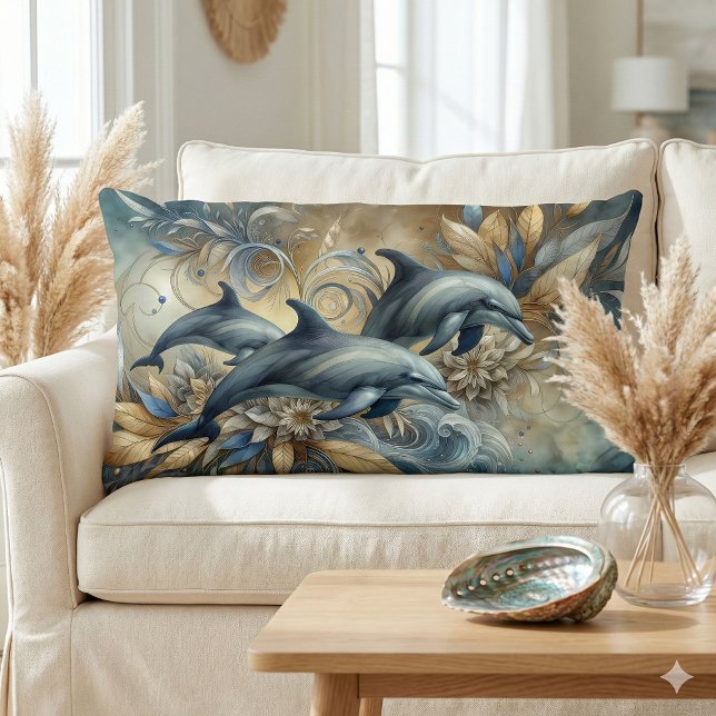 Coussin Rectangle Dauphins Élégants avec Vagues Florales Dorées (Elegant Dolphins with Golden Floral Waves Lumbar Pillow Mockup A)