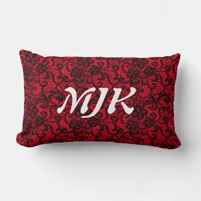 Coussin Rectangle Dentelle noire sur Monogramme rouge (Recto)