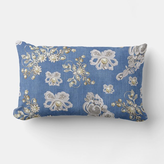 Coussin Rectangle Dentelles et perles texturées Denim (Recto)
