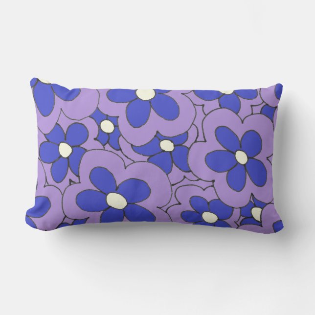 Coussin Rectangle Design de fleurs bleu et violet dessiné à la main (Recto)