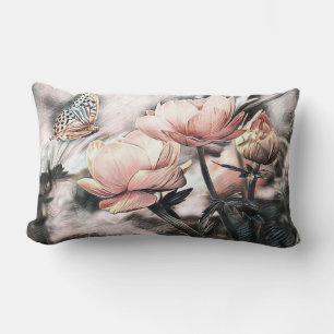 Coussin Rectangle Dessin vintage de roses roses et grises papillon