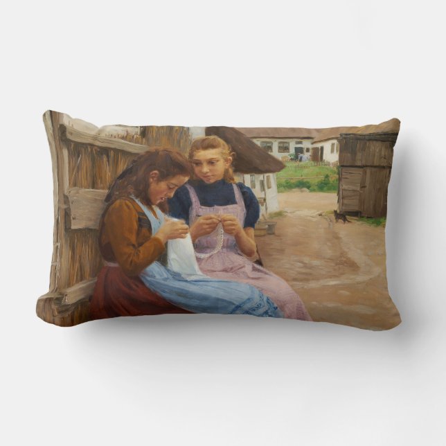 Coussin Rectangle Deux Filles avec Needlework assis dans une ferme (Recto)