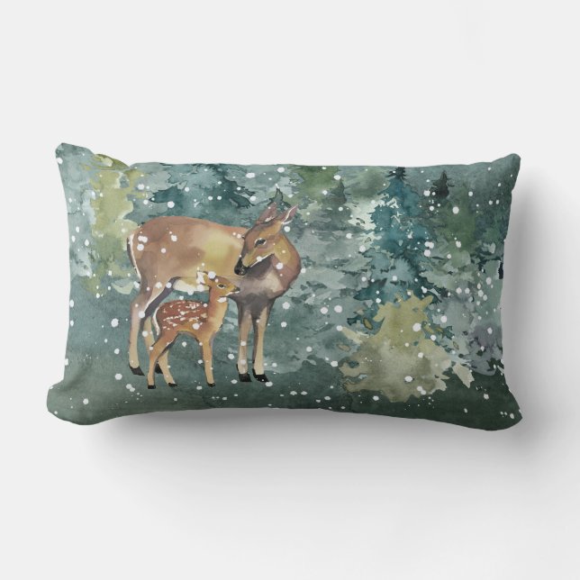 Coussin Rectangle Doe Fawn Deer in Forest Snowfall (Recto)