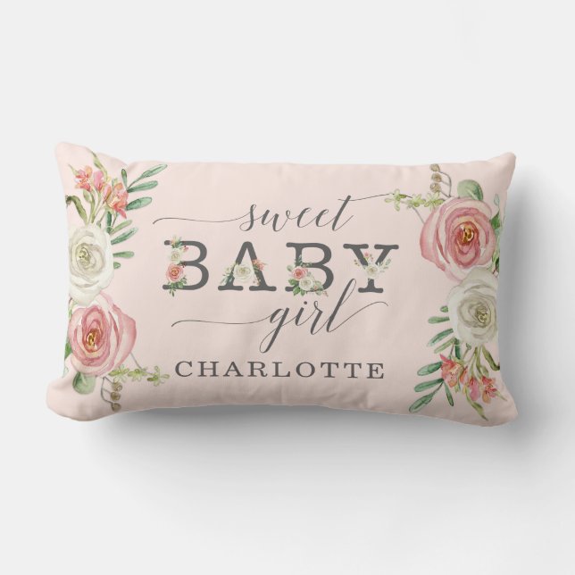 Coussin Rectangle Douce Bébé Fille | Aquarelle Fleurs Blush et Blanc (Recto)