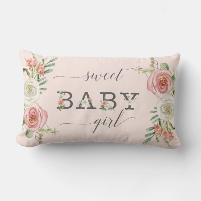 Coussin Rectangle Douce Petite Fille | Aquarelle Fleurs Roses et Bla (Recto)