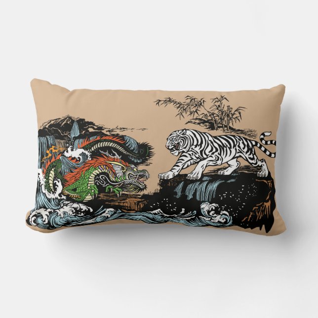 Coussin Rectangle Dragon asiatique contre Tigre (Recto)
