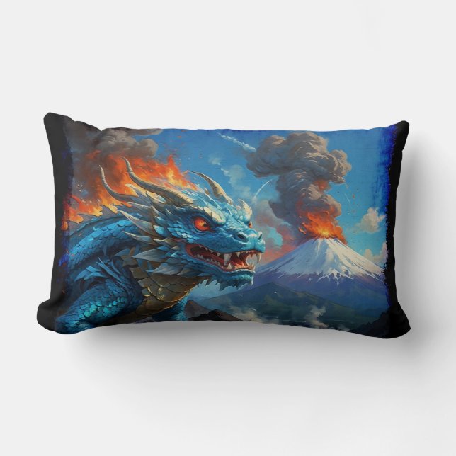 Coussin Rectangle Dragon bleu chinois et volcan (Recto)