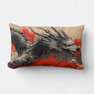 Coussin Rectangle Dragon chinois majestueux avec plaque d'encre roug