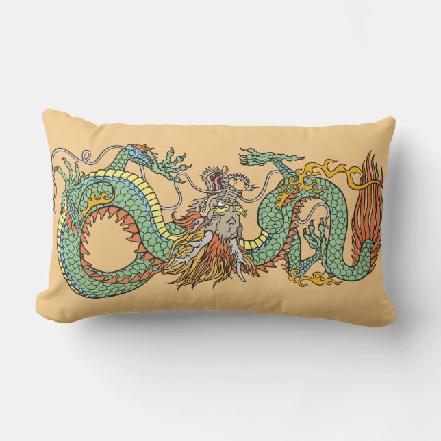 Coussin Rectangle Dragon chinois traditionnel et Fenghuang Phoenix (Recto)
