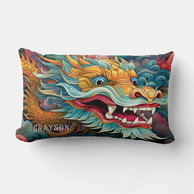 Coussin Rectangle Dragon coloré Nom personnalisé moderne (Recto)