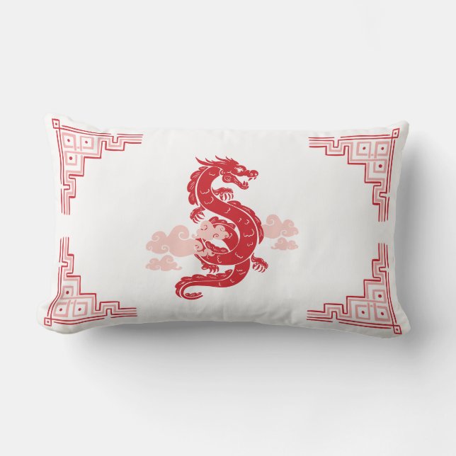 Coussin Rectangle Dragon de la Chinoiserie rouge et nuages (Recto)