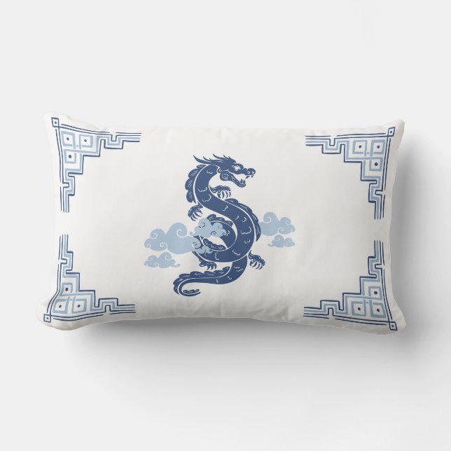 Coussin Rectangle Dragon et nuages de Chinoiserie bleu ardoise (Recto)