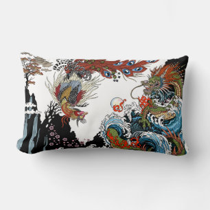 Coussin Rectangle Dragon vert et Feng Huang. Illustration