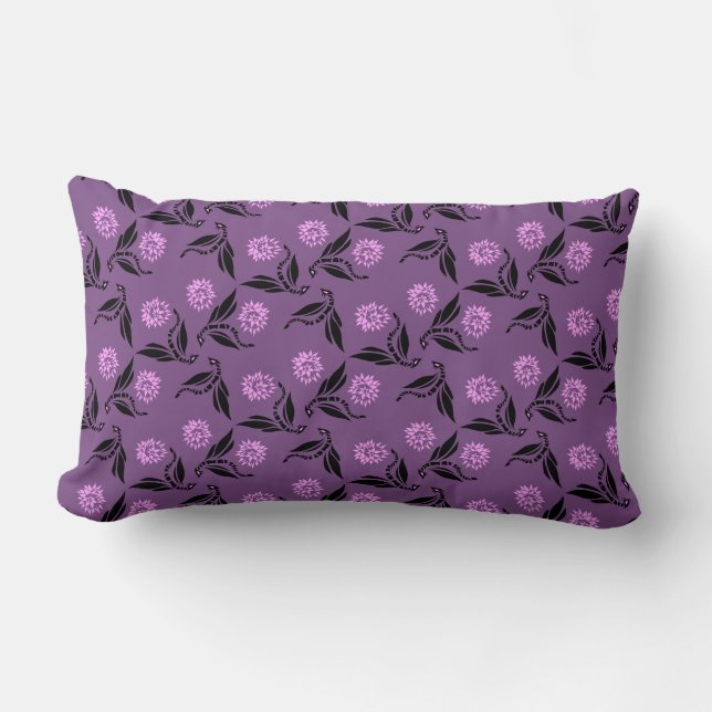 Coussin Rectangle Dragonfly noire avec Motif de fleurs roses (Recto)
