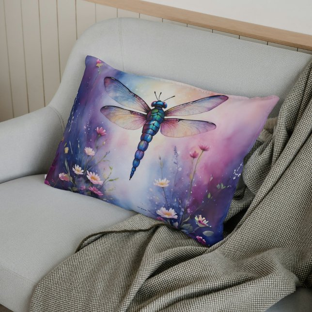 Coussin Rectangle Dragonfly with Flowers Purple Watercolor (Créateur téléchargé)