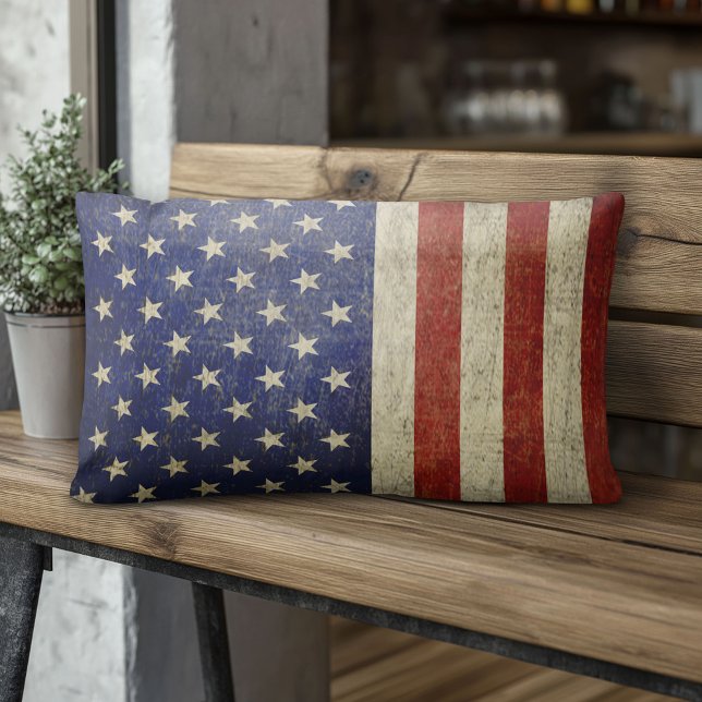 Coussin Rectangle Drapeau américain avec finition vintage (American Flag Pillow)