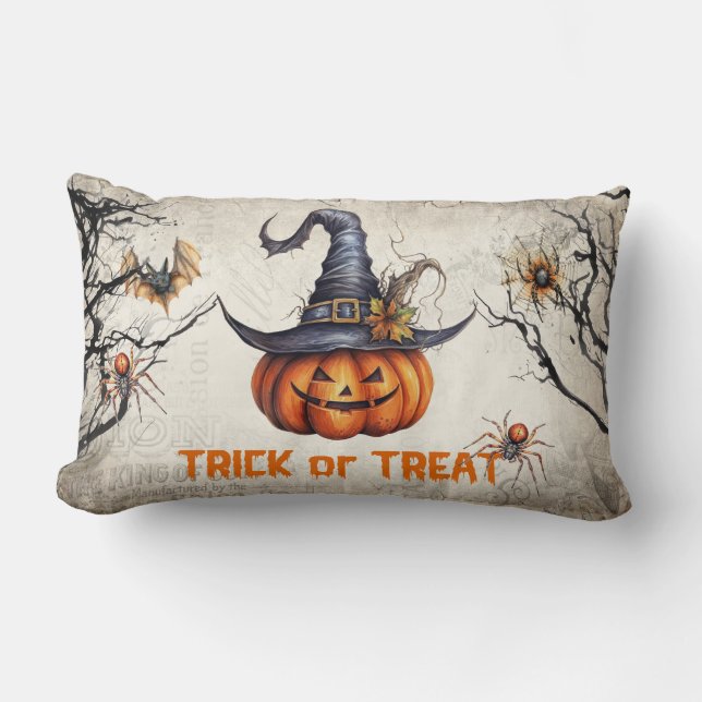 Coussin Rectangle Drôle rétro éffrayant Halloween citrouille sculpté (Recto)