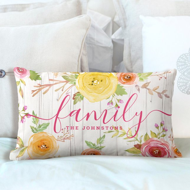 Coussin Rectangle Eau fleurie familiale script rose bois rustique (Créateur téléchargé)