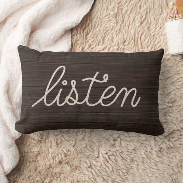 Coussin Rectangle ÉCOUTER Corde Texte Sur Bois Sombre (Couverture)