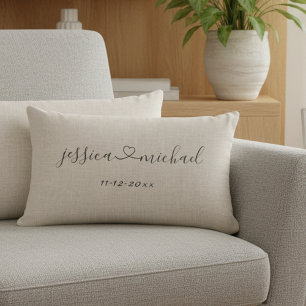 Coussin Rectangle Écriture Cursive Rustique Noms de Coeur Date de Ma
