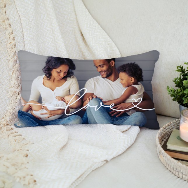 Coussin Rectangle Écriture de cœur d'amour Photo Texte Blanc (Créateur téléchargé)