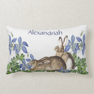 Coussin Rectangle Elégant bleu Floral Rabbit Aquarelle Mignonne Lapi