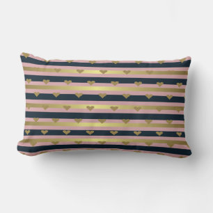 Coussin Rectangle Élégant Chic Cœurs Pailletés Faux Or Sur Rayures
