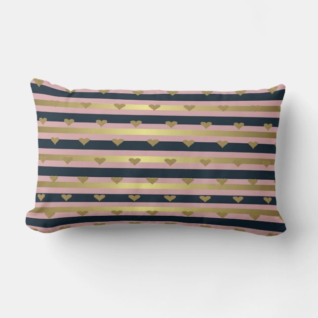 Coussin Rectangle Élégant Chic  Cœurs Pailletés Faux Or Sur Rayures (Recto)