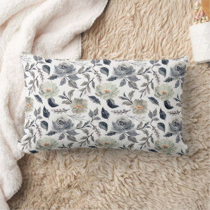Coussin Rectangle Élégant floral botanique à l'aquarelle bleu gris v