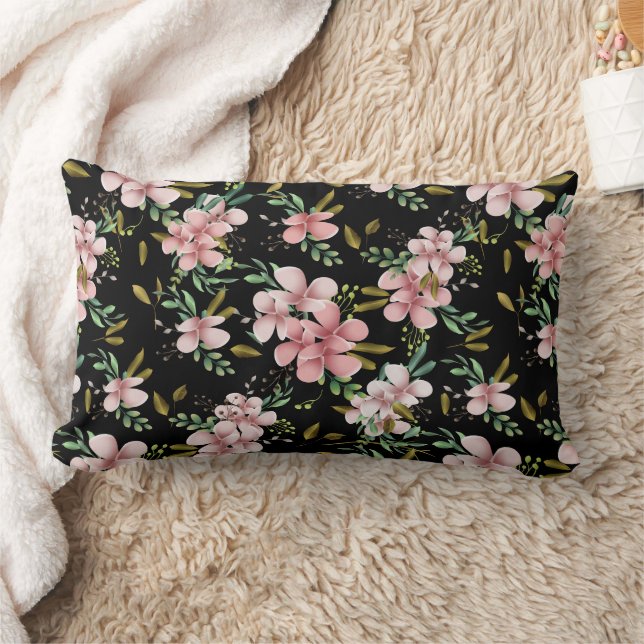 Coussin Rectangle Élégant floral botanique à l'aquarelle rose noir (Couverture)