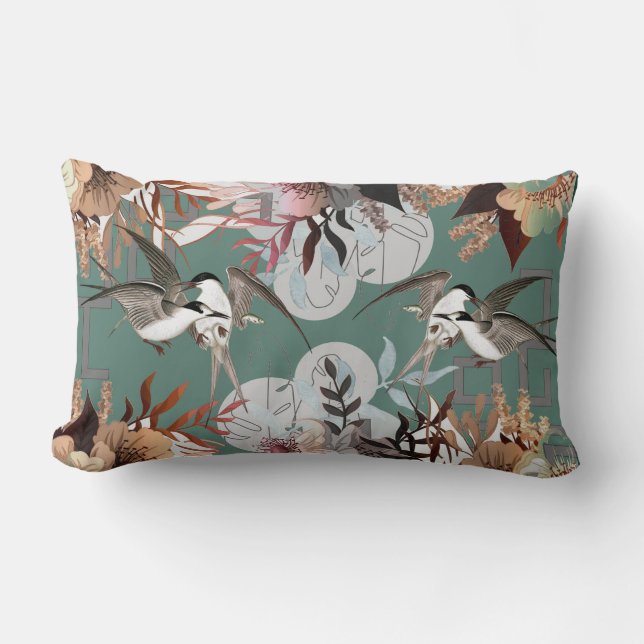 Coussin Rectangle Élégant floral, oiseaux Géométrie sur vert/Turquoi (Recto)