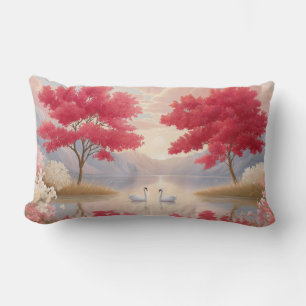 Coussin Rectangle Élégant Lac des Cygnes Romantique aux Arbres en Fl