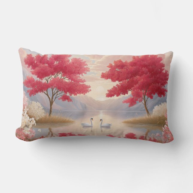 Coussin Rectangle Élégant Lac des Cygnes Romantique aux Arbres en Fl (Recto)