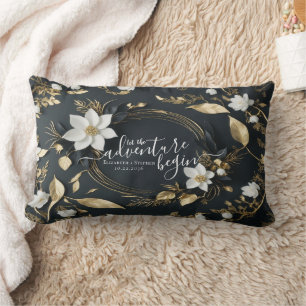 Coussin Rectangle Élégant Mariage de couronnes florales noir blanc e
