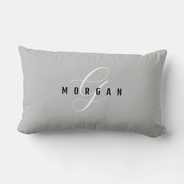 Coussin Rectangle Élégant Monogramme blanc et nom noir Lt Grey (Verso)