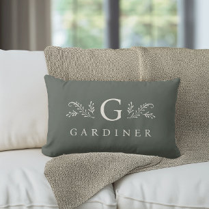 Coussin Rectangle Élégant Monogramme botanique vert et nom
