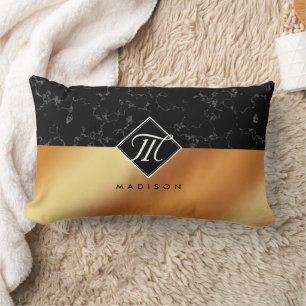Coussin Rectangle Élégant Monogramme de marbre noir et d'huile de cu