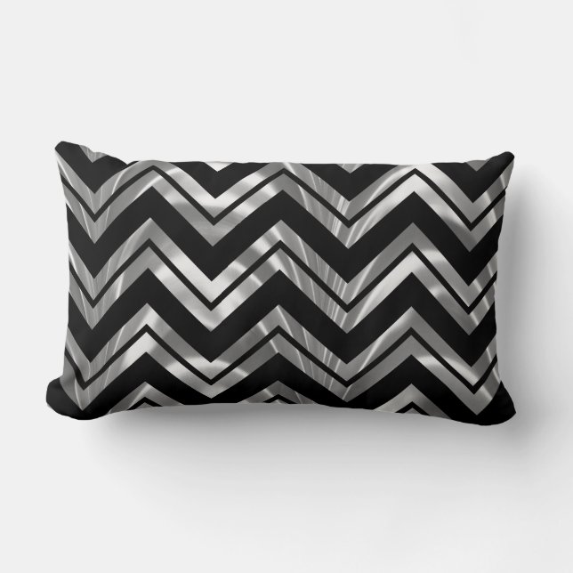 Coussin Rectangle Elégant Motif Chevron Géométrique Noir Et Argent (Recto)