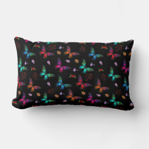 Coussin Rectangle Élégant Motif de papillons colorés sur noir