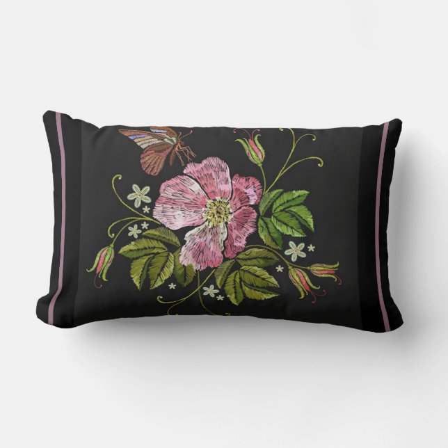 Coussin Rectangle Élégant Motif floral broderie Arrière - plan noir (Recto)