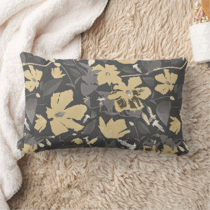 Coussin Rectangle Élégant motif floral gris or