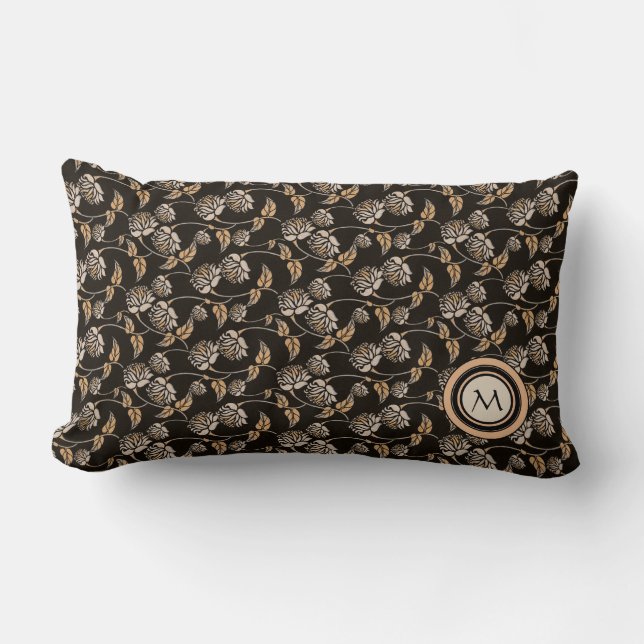 Coussin Rectangle Élégant noir & bronze motif floral Monogramme (Recto)