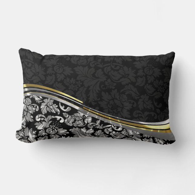 Coussin Rectangle Elégant noir et argent Damas Accents or (Recto)